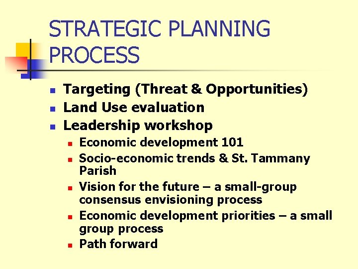 STRATEGIC PLANNING PROCESS n n n Targeting (Threat & Opportunities) Land Use evaluation Leadership