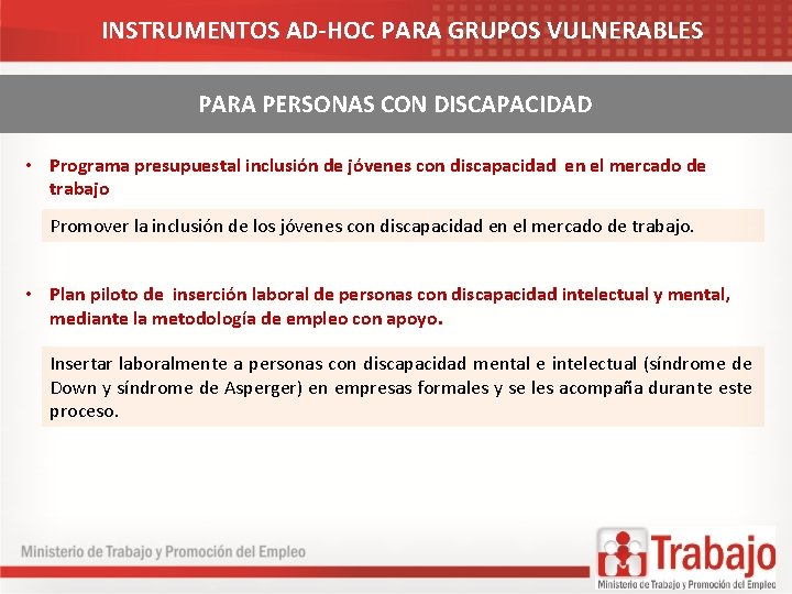 INSTRUMENTOS AD-HOC PARA GRUPOS VULNERABLES PARA PERSONAS CON DISCAPACIDAD • Programa presupuestal inclusión de