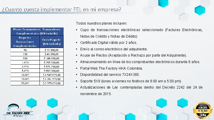 ¿Cuanto cuesta implementar FEL en mi empresa? Todos nuestros planes incluyen: • Cupo de