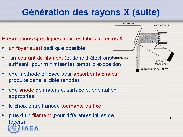 Génération des rayons X (suite) Prescriptions spécifiques pour les tubes à rayons X :