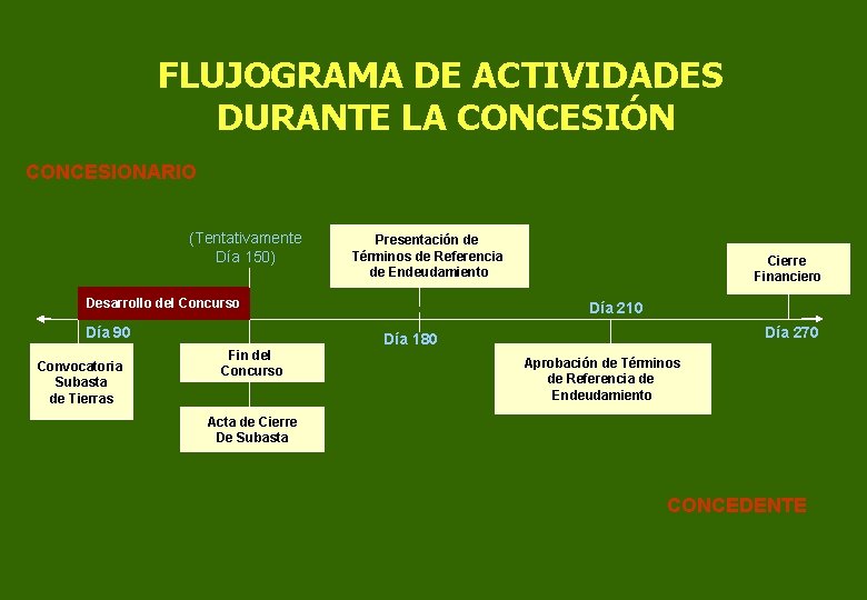 FLUJOGRAMA DE ACTIVIDADES DURANTE LA CONCESIÓN CONCESIONARIO (Tentativamente Día 150) Presentación de Términos de