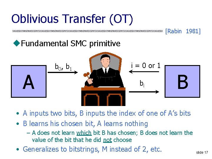 Oblivious Transfer (OT) [Rabin 1981] u. Fundamental SMC primitive A b 0, b 1