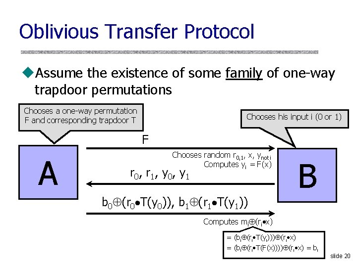 Oblivious Transfer Protocol u. Assume the existence of some family of one-way trapdoor permutations