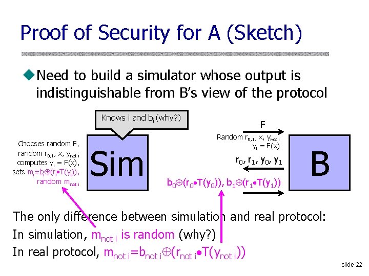 Proof of Security for A (Sketch) u. Need to build a simulator whose output