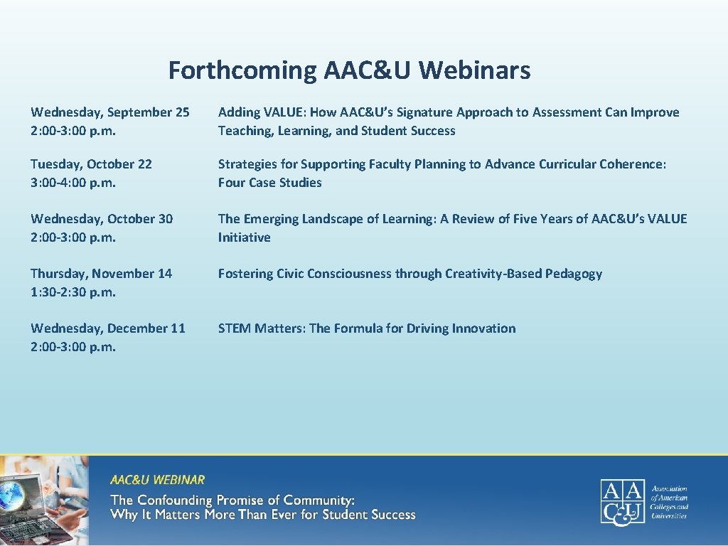 Forthcoming AAC&U Webinars Wednesday, September 25 2: 00 -3: 00 p. m. Adding VALUE: