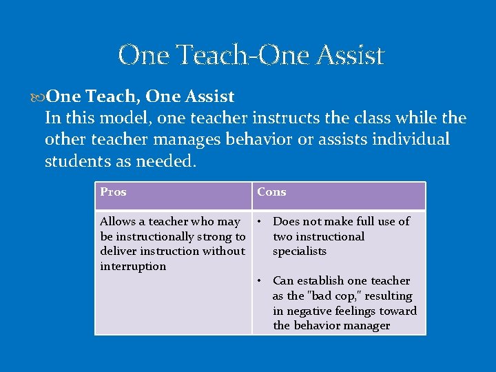  One Teach-One Assist One Teach, One Assist In this model, one teacher instructs