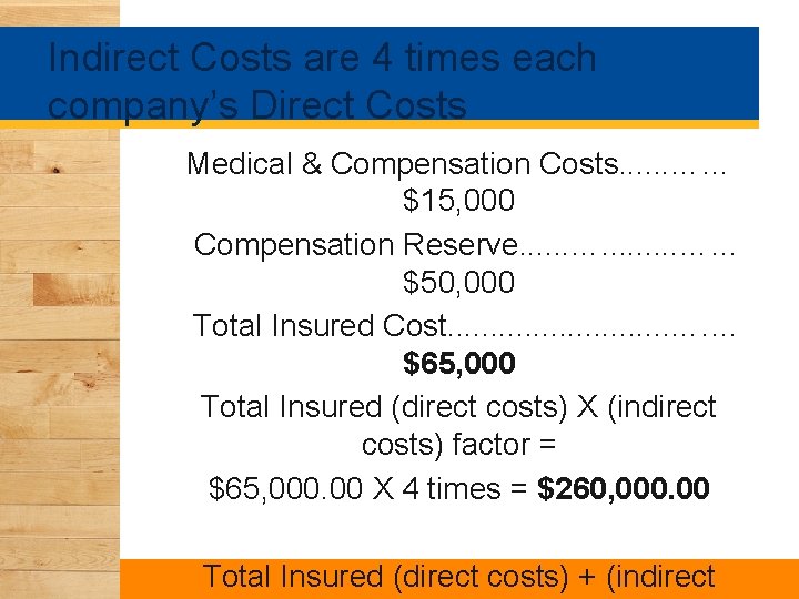 Indirect Costs are 4 times each company’s Direct Costs Medical & Compensation Costs. .