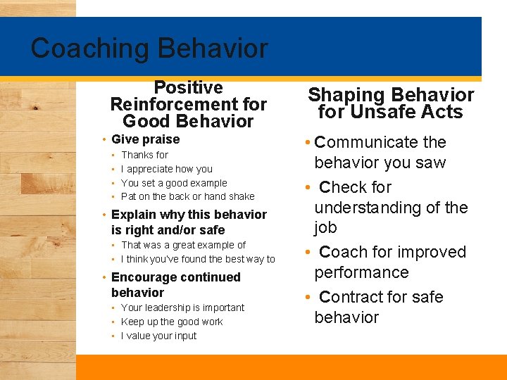 Coaching Behavior Positive Reinforcement for Good Behavior • Give praise • • Thanks for