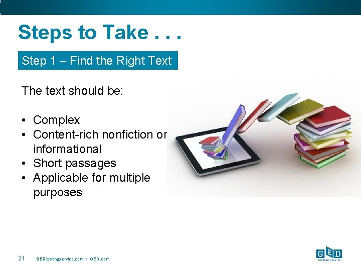 Steps to Take. . . Step 1 – Find the Right Text The text