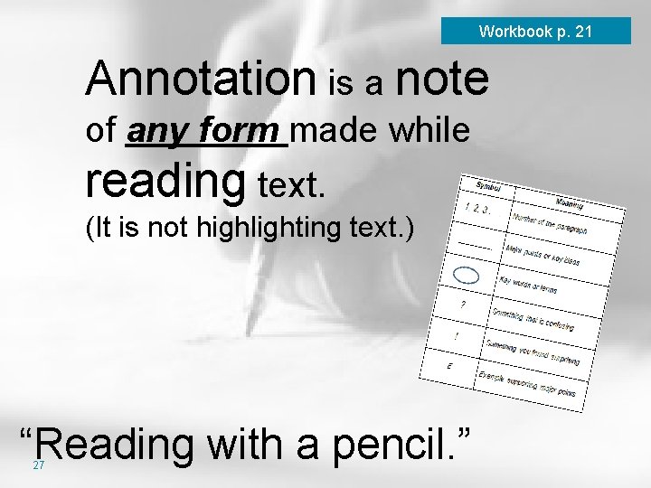 Workbook p. 21 Annotation is a note of any form made while reading text.