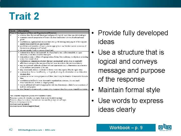 Trait 2 • Provide fully developed ideas • Use a structure that is logical