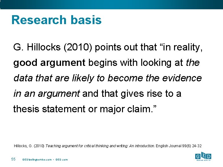 Research basis G. Hillocks (2010) points out that “in reality, good argument begins with