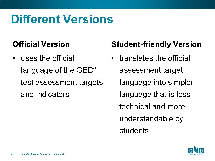 Different Versions Official Version Student-friendly Version • uses the official • translates the official