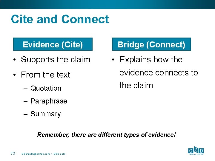 Cite and Connect Evidence (Cite) • Supports the claim • From the text –