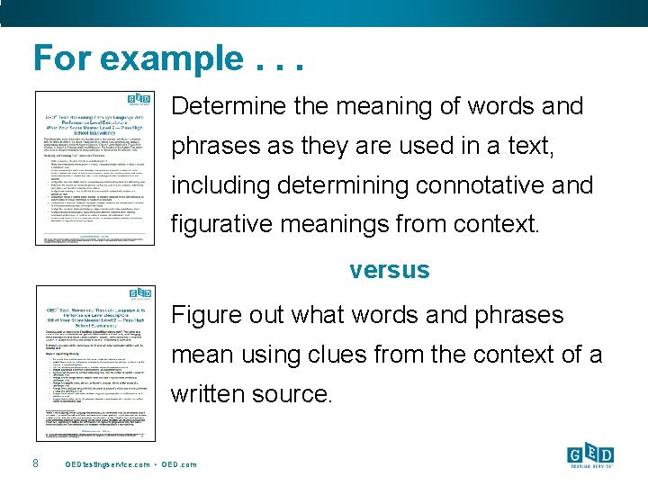 For example. . . Determine the meaning of words and phrases as they are