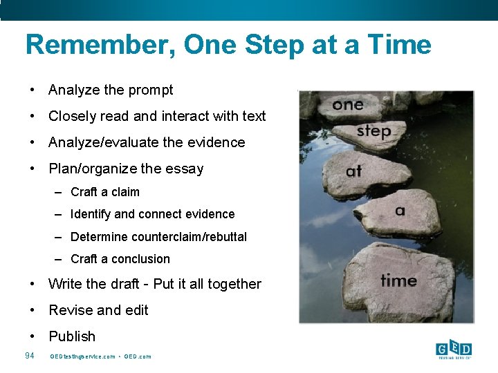 Remember, One Step at a Time • Analyze the prompt • Closely read and
