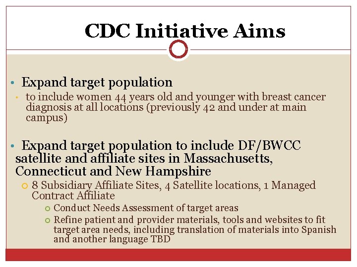 CDC Initiative Aims • Expand target population • to include women 44 years old