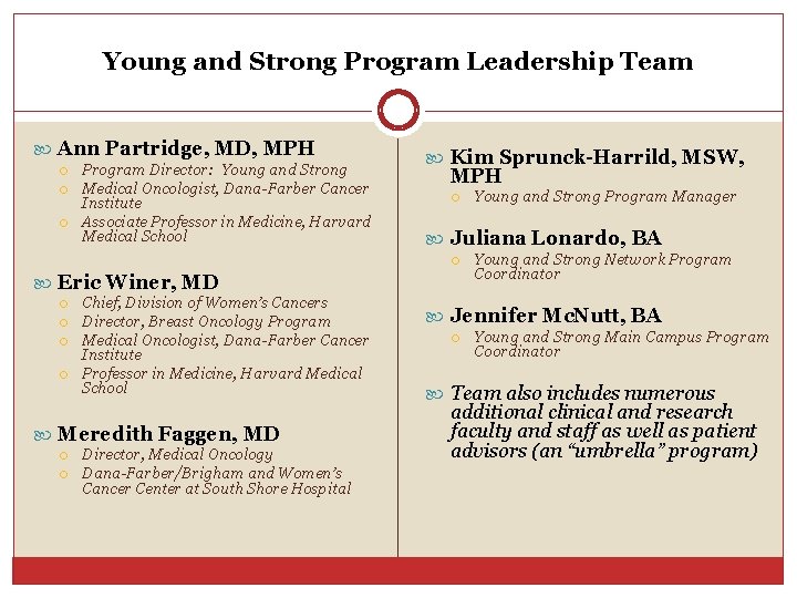 Young and Strong Program Leadership Team Ann Partridge, MD, MPH Program Director: Young and