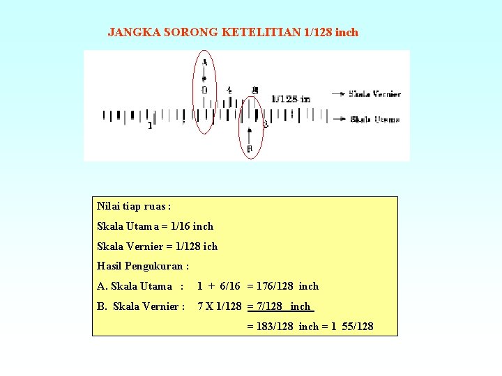 JANGKA SORONG KETELITIAN 1/128 inch Nilai tiap ruas : Skala Utama = 1/16 inch