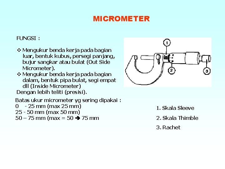 MICROMETER FUNGSI : v Mengukur benda kerja pada bagian luar, bentuk kubus, persegi panjang,