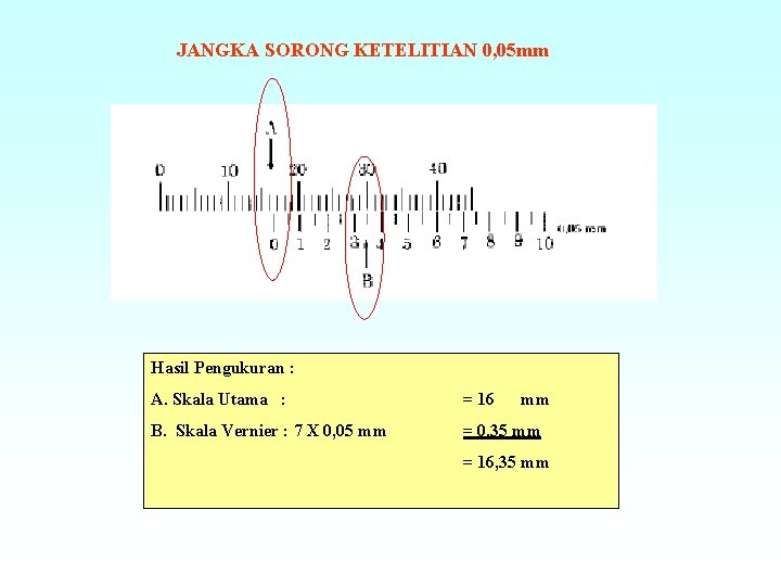 JANGKA SORONG KETELITIAN 0, 05 mm Hasil Pengukuran : A. Skala Utama : =