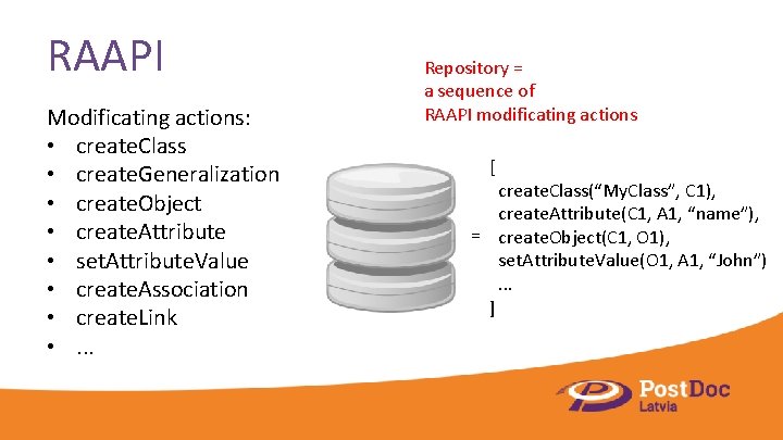 RAAPI Modificating actions: • create. Class • create. Generalization • create. Object • create.