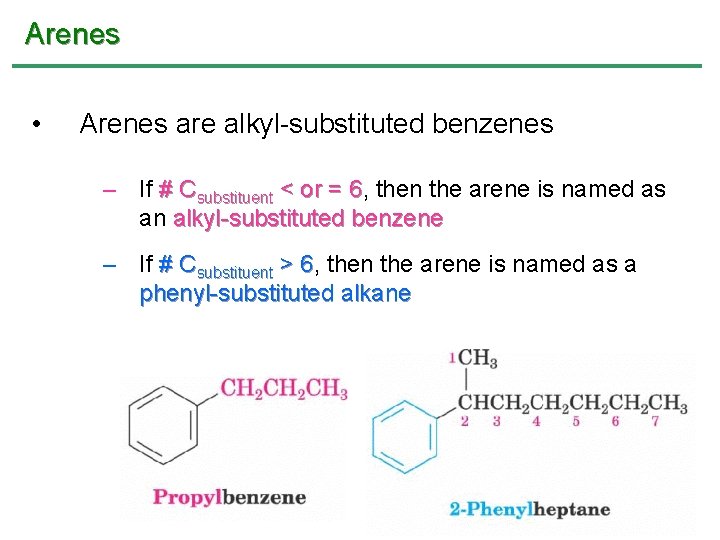 Arenes • Arenes are alkyl-substituted benzenes – If # Csubstituent < or = 6, Arenes • Arenes are alkyl-substituted benzenes – If # Csubstituent < or = 6,