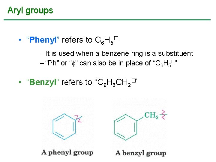 Aryl groups • “Phenyl” refers to C 6 H 5� – It is used Aryl groups • “Phenyl” refers to C 6 H 5� – It is used