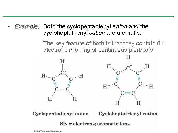 • Example: Both the cyclopentadienyl anion and the cycloheptatrienyl cation are aromatic. The • Example: Both the cyclopentadienyl anion and the cycloheptatrienyl cation are aromatic. The