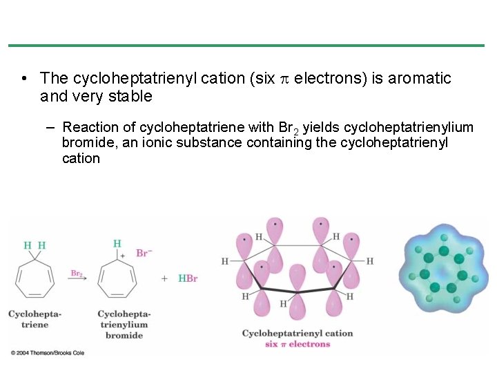 • The cycloheptatrienyl cation (six electrons) is aromatic and very stable – Reaction • The cycloheptatrienyl cation (six electrons) is aromatic and very stable – Reaction