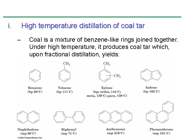 i. High temperature distillation of coal tar – Coal is a mixture of benzene-like i. High temperature distillation of coal tar – Coal is a mixture of benzene-like