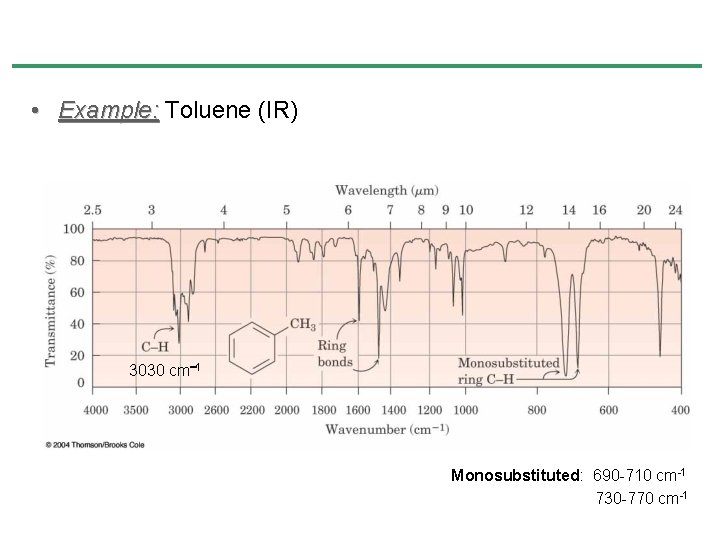 • Example: Toluene (IR) 3030 cm 1 Monosubstituted: 690 -710 cm-1 730 -770 • Example: Toluene (IR) 3030 cm 1 Monosubstituted: 690 -710 cm-1 730 -770