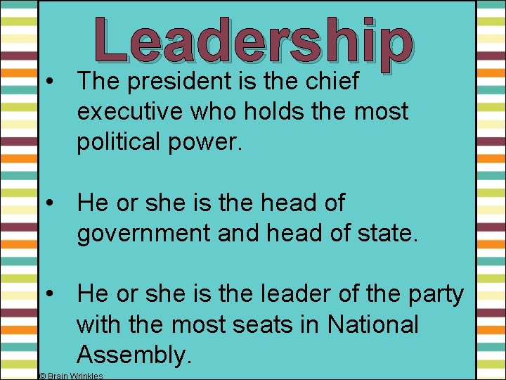  • Leadership The president is the chief executive who holds the most political