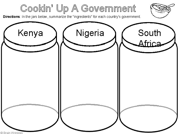 Cookin’ Up A Government Directions: In the jars below, summarize the “ingredients” for each