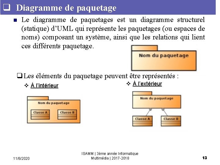 q Diagramme de paquetage n Le diagramme de paquetages est un diagramme structurel (statique)
