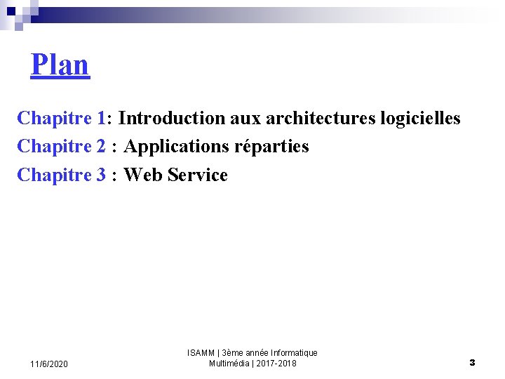 Plan Chapitre 1: Introduction aux architectures logicielles Chapitre 2 : Applications réparties Chapitre 3