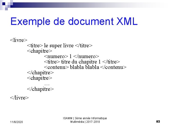 Exemple de document XML <livre> <titre> le super livre </titre> <chapitre> <numero> 1 </numero>