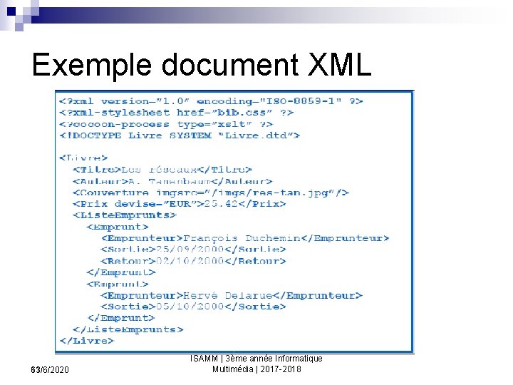 Exemple document XML 11/6/2020 63 ISAMM | 3ème année Informatique Multimédia | 2017 -2018