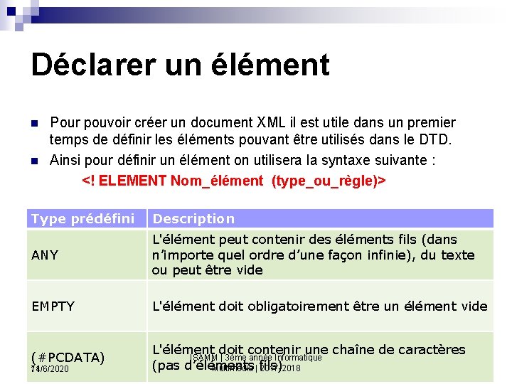 Déclarer un élément n n Pour pouvoir créer un document XML il est utile