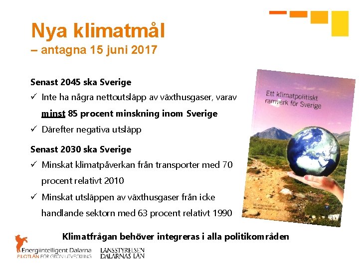 Nya klimatmål – antagna 15 juni 2017 Senast 2045 ska Sverige ü Inte ha