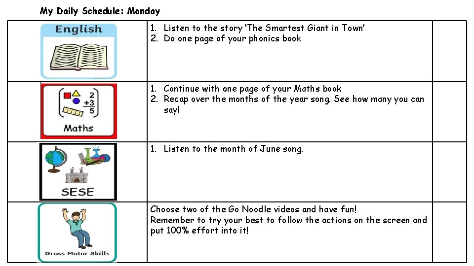 My Daily Schedule: Monday 1. Listen to the story ‘The Smartest Giant in Town’