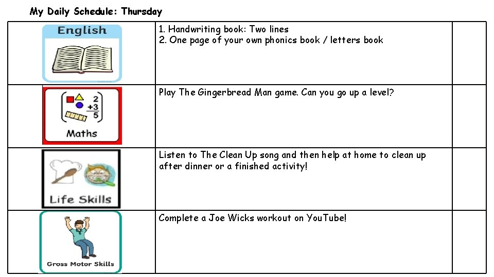 My Daily Schedule: Thursday 1. Handwriting book: Two lines 2. One page of your