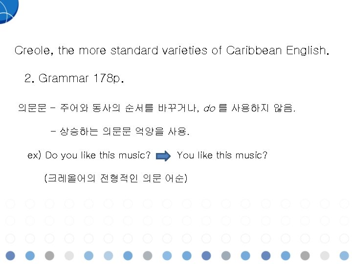 Creole, the more standard varieties of Caribbean English. 2. Grammar 178 p. 의문문 -