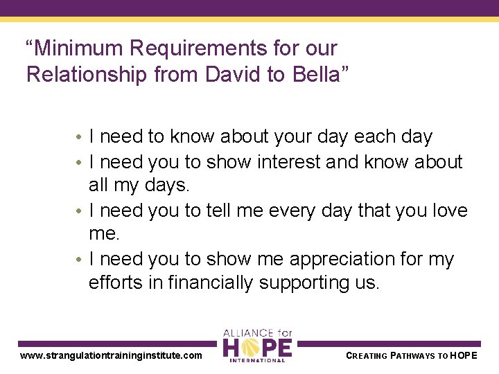 “Minimum Requirements for our Relationship from David to Bella” • I need to know