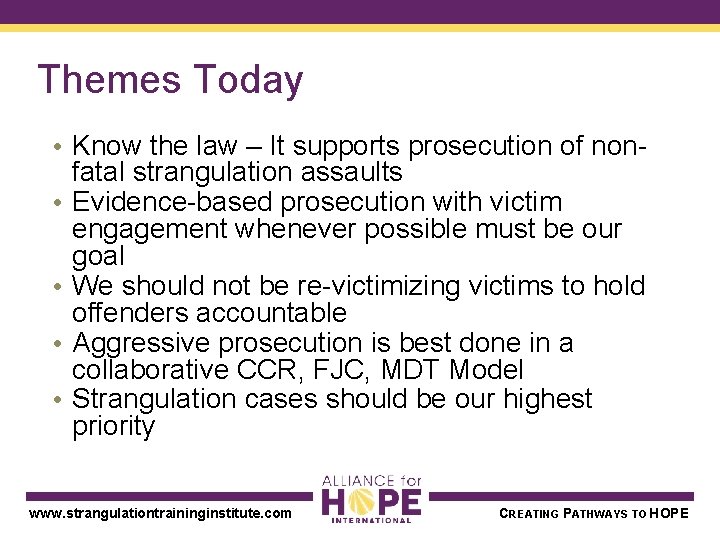 Themes Today • Know the law – It supports prosecution of nonfatal strangulation assaults