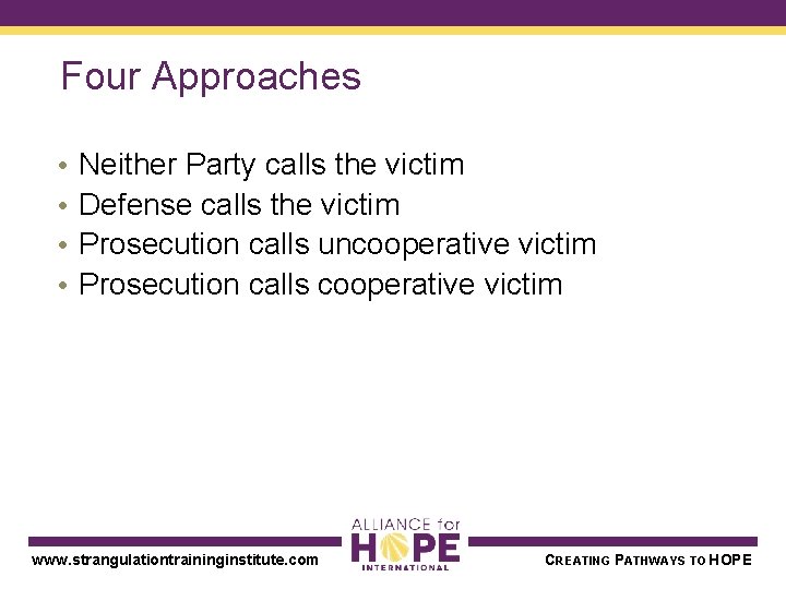 Four Approaches • • Neither Party calls the victim Defense calls the victim Prosecution