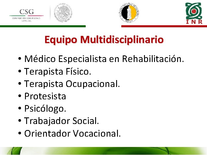 Equipo Multidisciplinario • Médico Especialista en Rehabilitación. • Terapista Físico. • Terapista Ocupacional. •