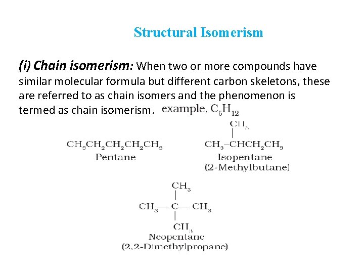 Structural Isomerism (i) Chain isomerism: When two or more compounds have similar molecular formula