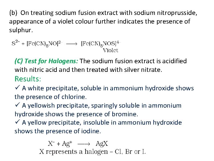 (b) On treating sodium fusion extract with sodium nitroprusside, appearance of a violet colour