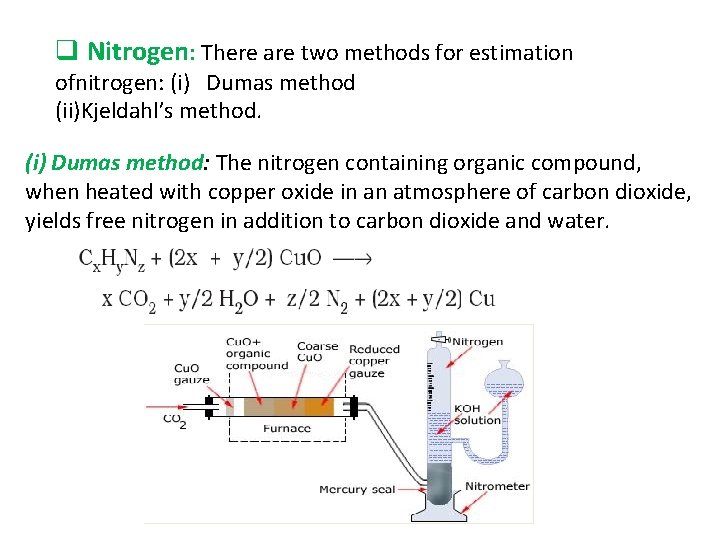 q Nitrogen: There are two methods for estimation ofnitrogen: (i) Dumas method (ii)Kjeldahl’s method.